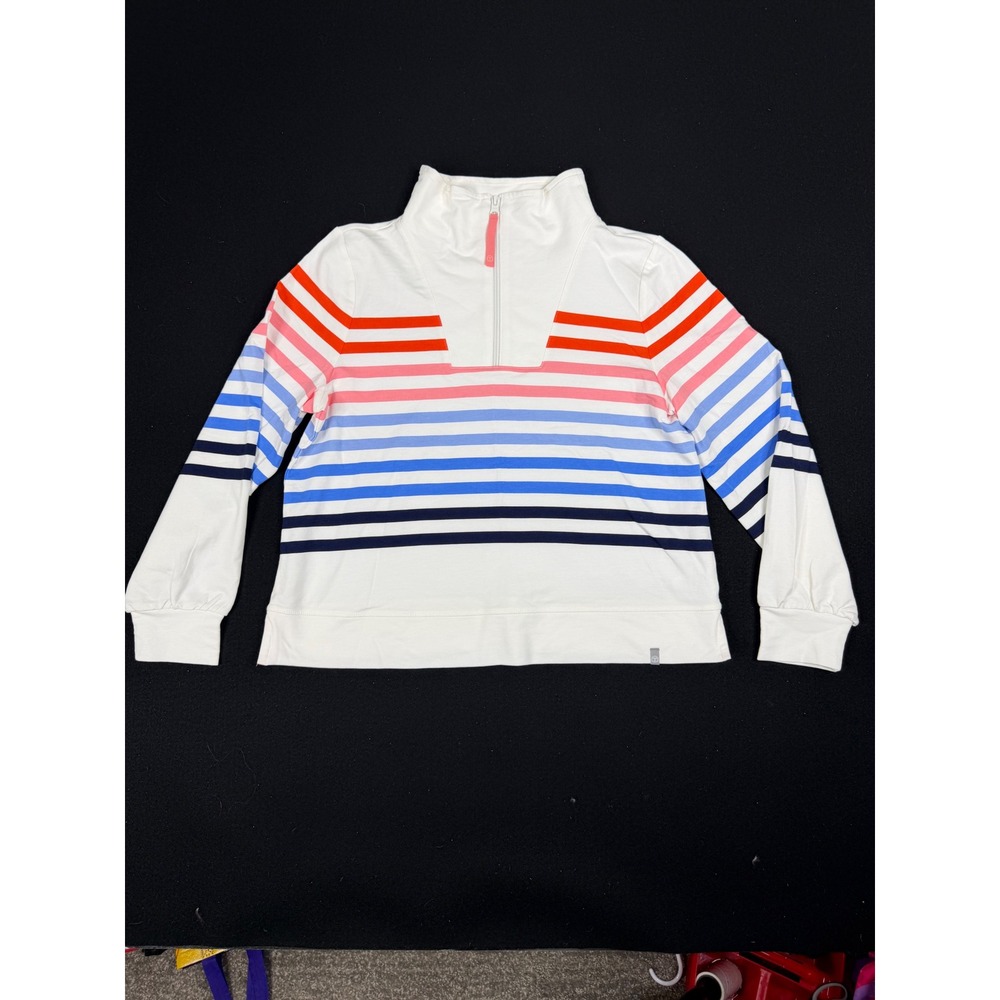 T by Talbots Womens Mp White Striped Quarter Zip Pullover Multi-Color